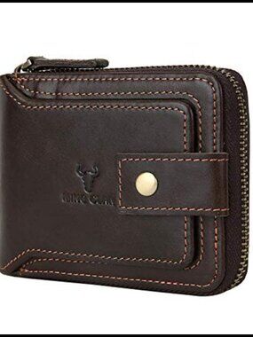 Full Grain Leather RFID Blocking Bifold Wallet for Men with Zipper and ID Window